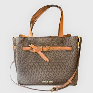 Michael Kors Brown Emilia LG Triple Compartment Signature Monogram Satchel